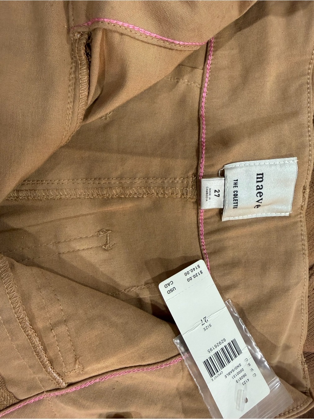 Maeve Tan Jumpsuit with Pink Stitching